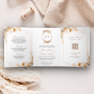Convite Com Dobra Tripla Fall Autumn Wildflower Crest Código QR Casamento