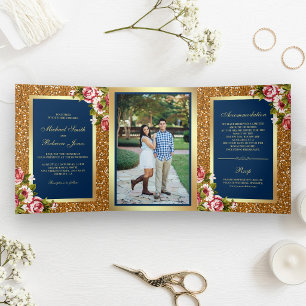 Convite Com Dobra Tripla Falso Brilho Dourado Floral Azul Marinho Casamento