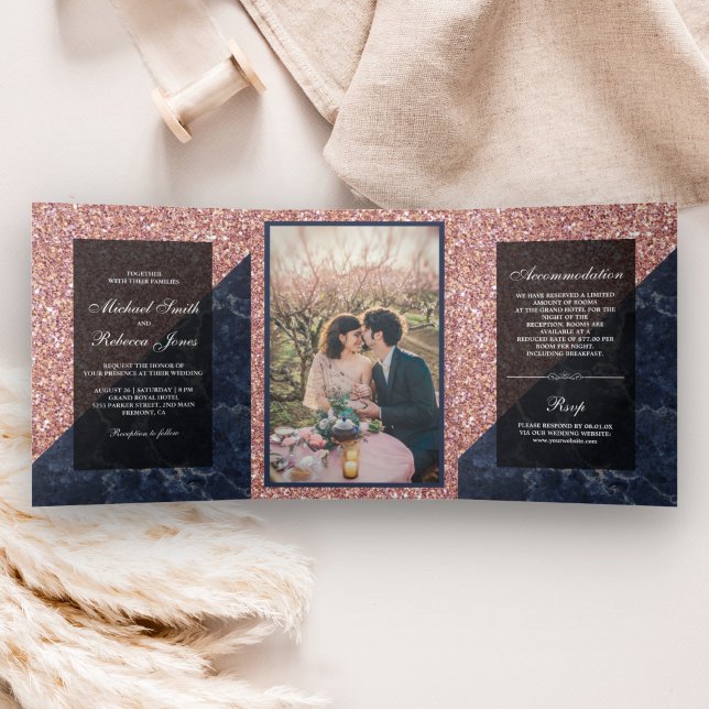 Convite Com Dobra Tripla Falso Glitter Dourado Rosa Mármore Azul Fotografia (Criador carregado)