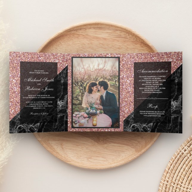Convite Com Dobra Tripla Falso Glitter Dourado Rosa Mármore Preto Fotografi (Criador carregado)