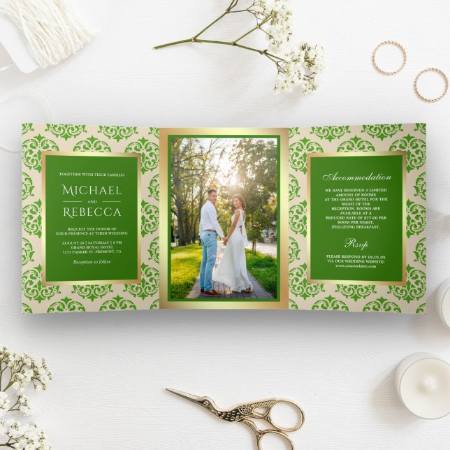 Convite Com Dobra Tripla Falso Papel Ouro Verde Damasko Casamento Foto (Criador carregado)