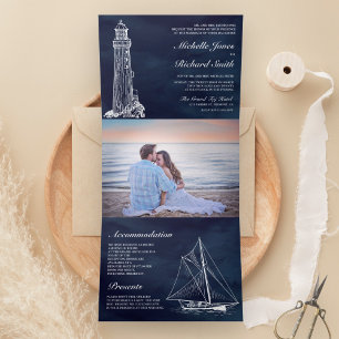 Convite Com Dobra Tripla Faro Azul-Marinho Velero Casamento Náutico