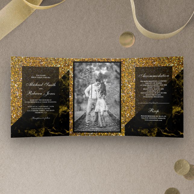 Convite Com Dobra Tripla Faux Dourado Glitter Mármore Dourado Foto de Casam (Criador carregado)