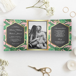 Convite Com Dobra Tripla Faux Gold Foil Tropical Palm Deixa Casamento Fotog