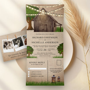Convite Com Dobra Tripla Fazenda Rústica Burlap Cabeça De Madeira Luzes De 