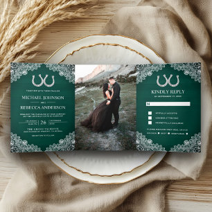 Convite Com Dobra Tripla Ferraduras de madeira verde-água para casamento co