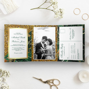 Convite Com Dobra Tripla Festa Casamento Foto Mármore Verde Esmeralda Brilh