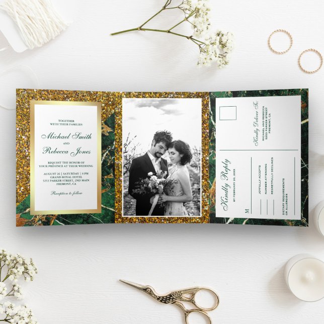 Convite Com Dobra Tripla Festa Casamento Foto Mármore Verde Esmeralda Brilh (Criador carregado)