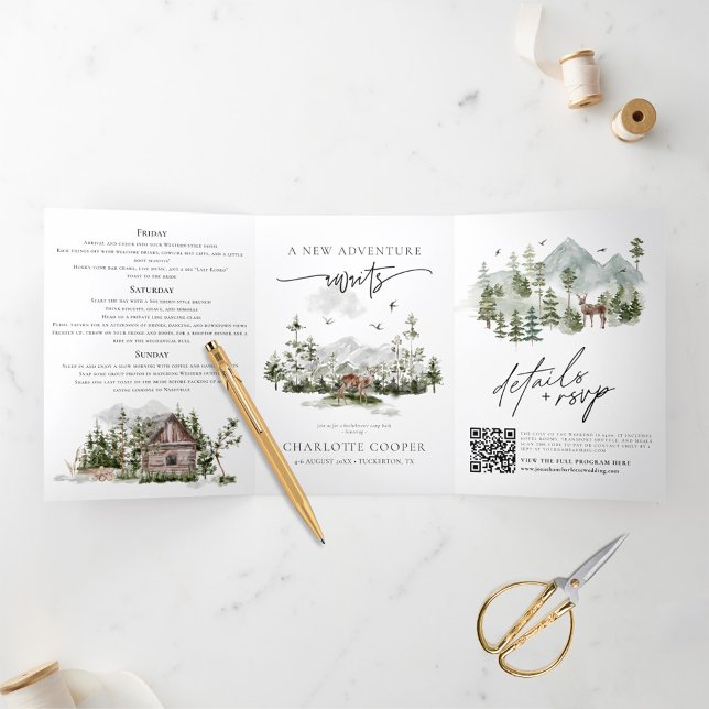 Convite Com Dobra Tripla Festa de solteira do Campo de Montanha da Floresta (Criador carregado)