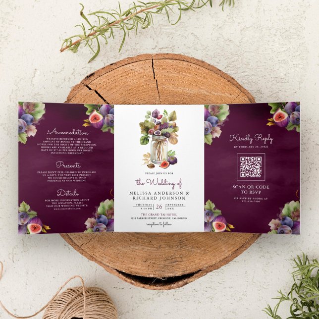 Convite Com Dobra Tripla Fig Roxo Roxo Rústico Todos num Casamento com Códi (Criador carregado)