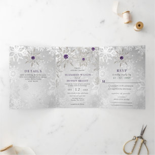 Convite Com Dobra Tripla Flocos de Neve Roxo Prata Casamento de Natal de In
