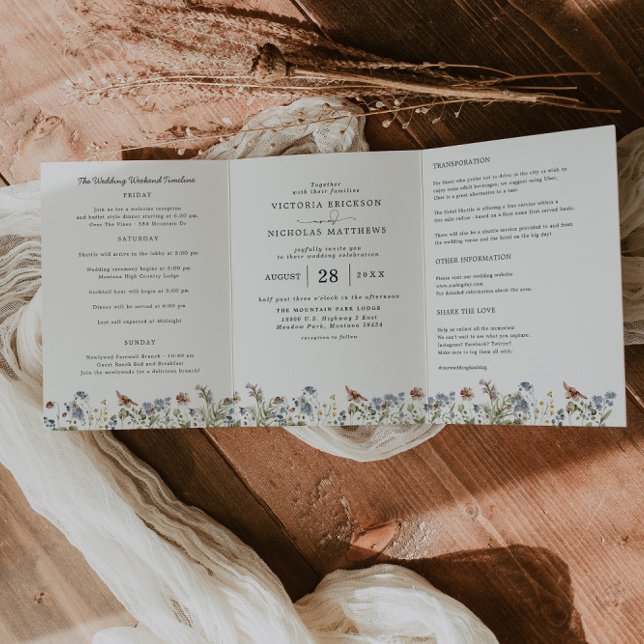 Convite Com Dobra Tripla Flor de Campo Montanhesa Rústica | Casamento Boho (Criador carregado)