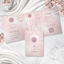 Convite Com Dobra Tripla Flor de Cereja Rosa | Bilíngue | Casamento chinês