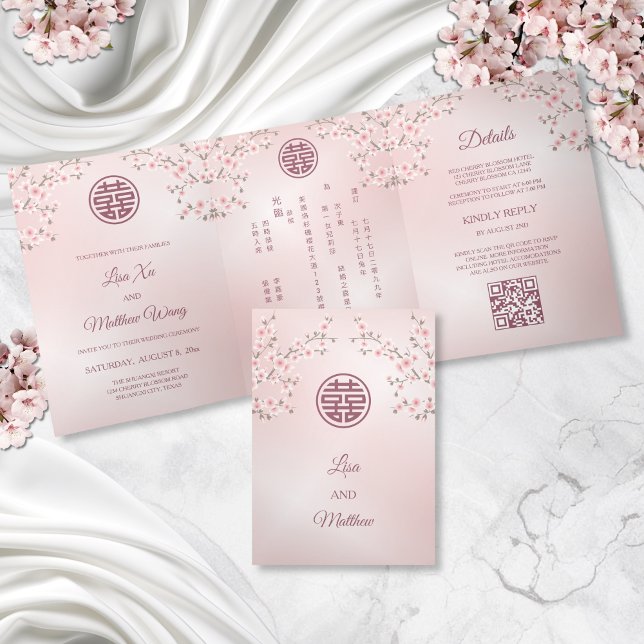 Convite Com Dobra Tripla Flor de Cerejeira Rosa | Bilingue | Casamento Chin (Criador carregado)