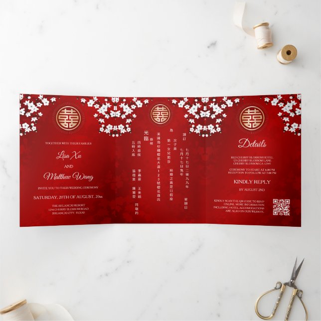 Convite Com Dobra Tripla Flor de Noiva Vermelha | Casamento Chinês (Dentro)