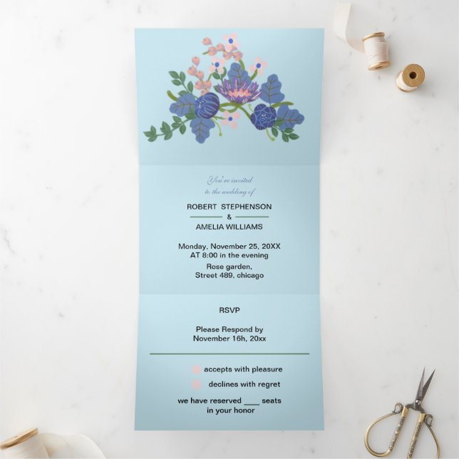 Convite Com Dobra Tripla Flor Roxo Elegante De Casamento Personalizado (Dentro)