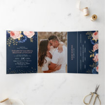 Florais Navy e Rosa Blush Elegante Tri-Fo Casament