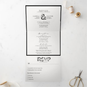 Convite Com Dobra Tripla Floral Ampersand Black & White All in one Wedding