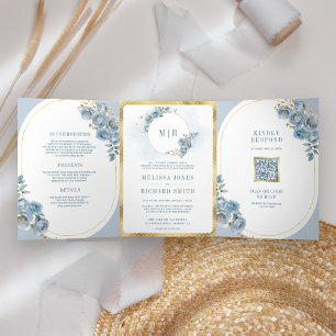 Convite Com Dobra Tripla Floral Azul Suave Dourado Tudo em Um Casamento