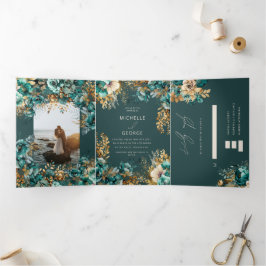Convite Com Dobra Tripla Floral Dourado de Teal de Água