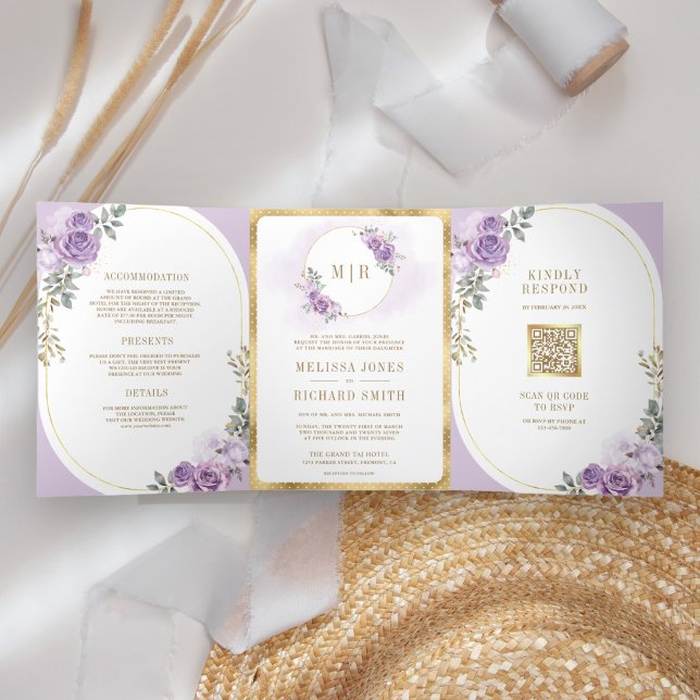 Convite Com Dobra Tripla Floral Púrpura Lilac Dourado Tudo em Um Casamento (Criador carregado)