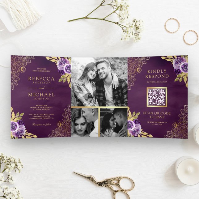 Convite Com Dobra Tripla Floral Roxo Sujo Código QR de Renda Dourada Casame (Criador carregado)