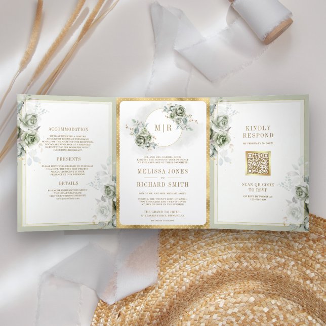 Convite Com Dobra Tripla Floral Verde Sage Dourado Tudo em Um Casamento (Criador carregado)
