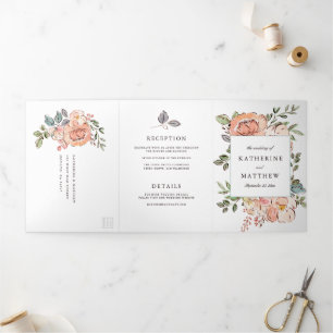 Convite Com Dobra Tripla Florals All-In-One Wedding Romântico