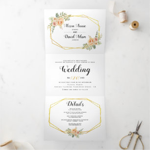 Convite Com Dobra Tripla Flores aquarelas, casamento floral com tipografia