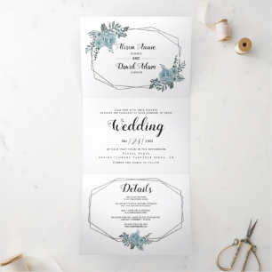 Convite Com Dobra Tripla Flores azuis poeirentas, casamento tipográfico