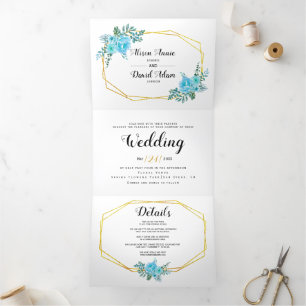 Convite Com Dobra Tripla Flores azuis, tipografia, casamento floral
