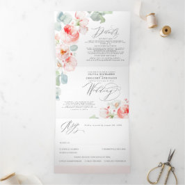 Convite Com Dobra Tripla Flores de Aquarela Rosa Claro Suave Elegante Casam