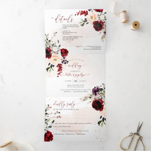Convite Com Dobra Tripla Flores De Aquarelas Russas Elegantes Blush Burgund