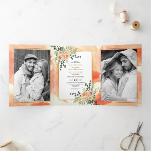 Convite Com Dobra Tripla Flores de pêssego, folhas de casamento no inverno