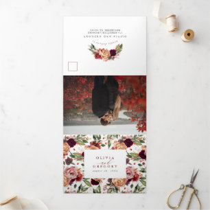 Convite Com Dobra Tripla Flores de Queda Casamento Botânico Moderno Elegant