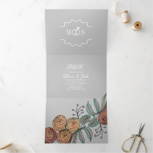 Convite Com Dobra Tripla Flores Modernas de Cravo Botânico Casamento Tinta