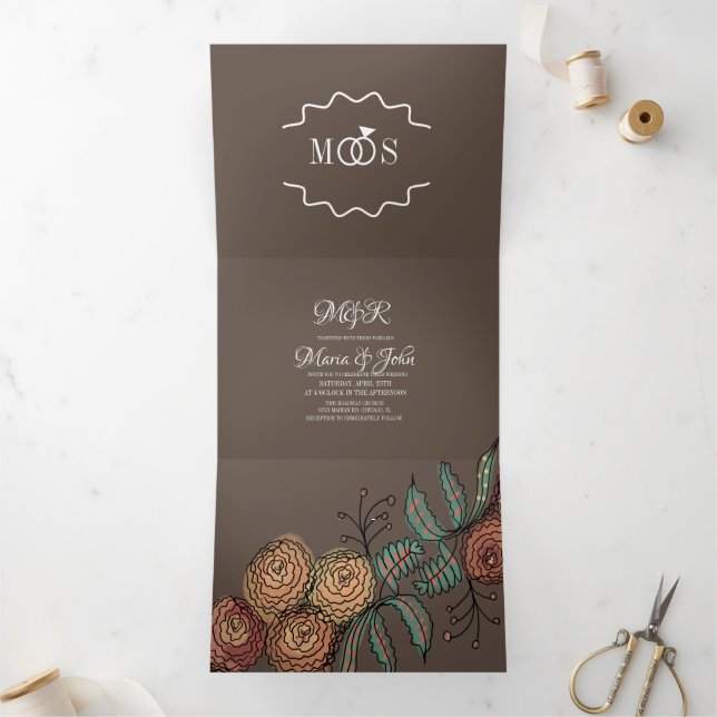 Convite Com Dobra Tripla Flores Modernas de Cravo com Tinta Botânica para C (Dentro)
