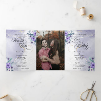 Convite Com Dobra Tripla Flores roxas moradas em espanhol Tri-