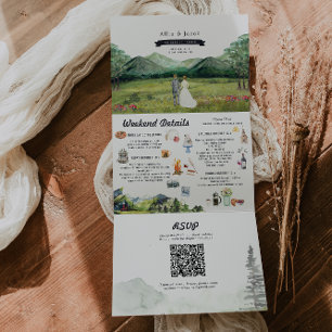 Convite Com Dobra Tripla Floresta de Rio de Montanha Rústica Casamento Il