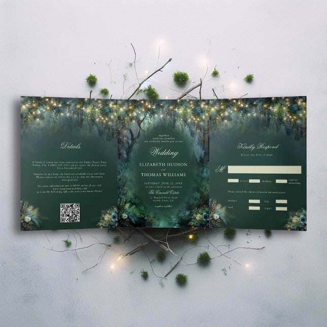 Convite Com Dobra Tripla Floresta Encantada Conto de Fadas Florestal Casame (enchanted forest woodland wedding invitation emerald hunter green gold all in one tri fold romantic)