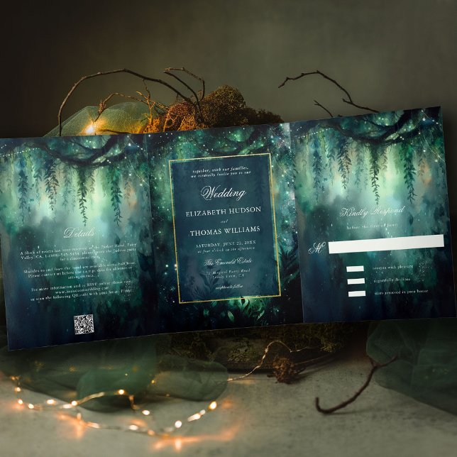 Convite Com Dobra Tripla Floresta Romântica Encantada Verde Tudo em Um Casa (enchanted forest wedding invitation trifold romantic greenery all in one green gold magical woods)