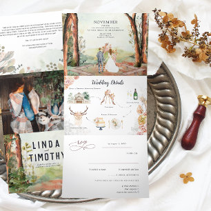 Convite Com Dobra Tripla Floresta Rústica de Outono Casamento Boho
