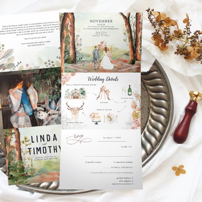 Convite Com Dobra Tripla Floresta Rústica de Outono | Casamento Boho (Criador carregado)