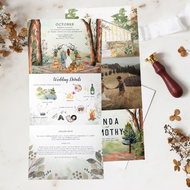 Convite Com Dobra Tripla Floresta Rústica de Outono | Casamento Boho (Criador carregado)