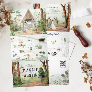 Convite Com Dobra Tripla Floresta Rústica de Outono Casamento Boho