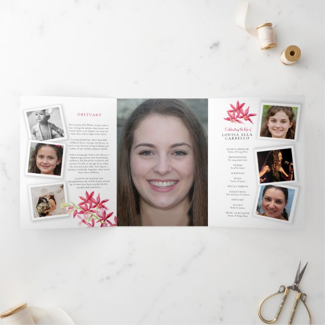 Convite Com Dobra Tripla Fogueira de orquídea vermelha do memorial funerári (Dentro)