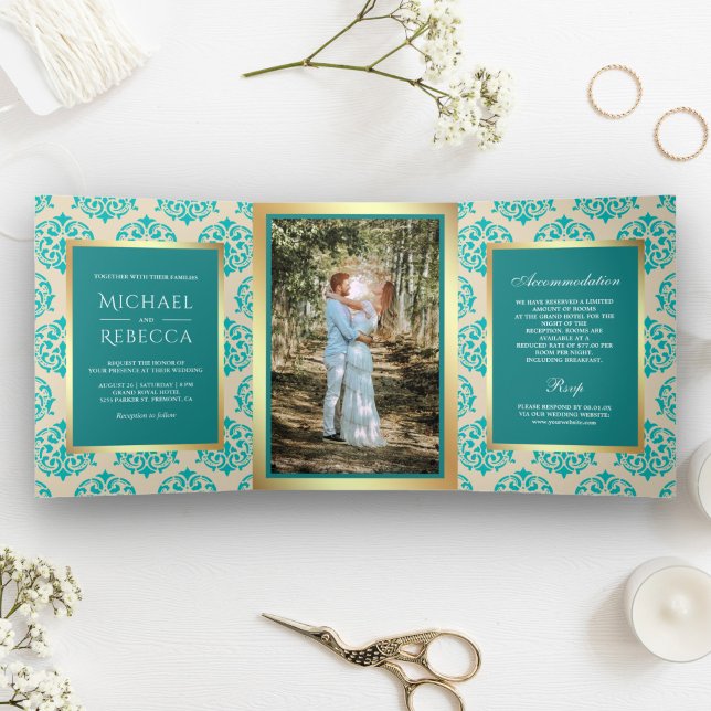 Convite Com Dobra Tripla Foil de Ouro Falso Foto de Casamento em Damask Ver (Criador carregado)