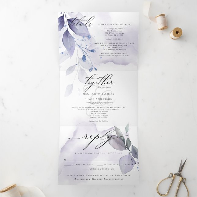 Convite Com Dobra Tripla Folha de Violeta de Aquarela, tudo em um único cas (Dentro)