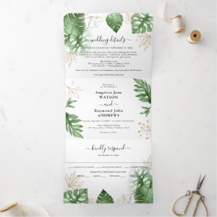 Convite Com Dobra Tripla Folhagem de Praia Tropical e Casamento Elegante Do