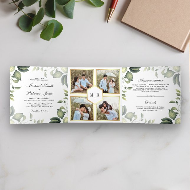 Convite Com Dobra Tripla Folhas Botânicas Fotografia Colagem de Casamento (Criador carregado)